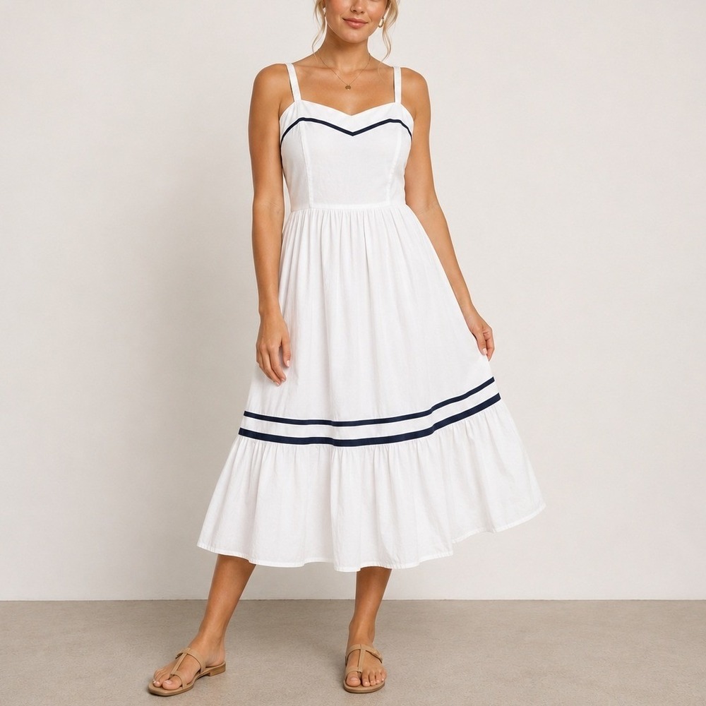 J.Crew Tiered Midi Dress 4P‎ White Navy Nautical Smocked Coastal Preppy
